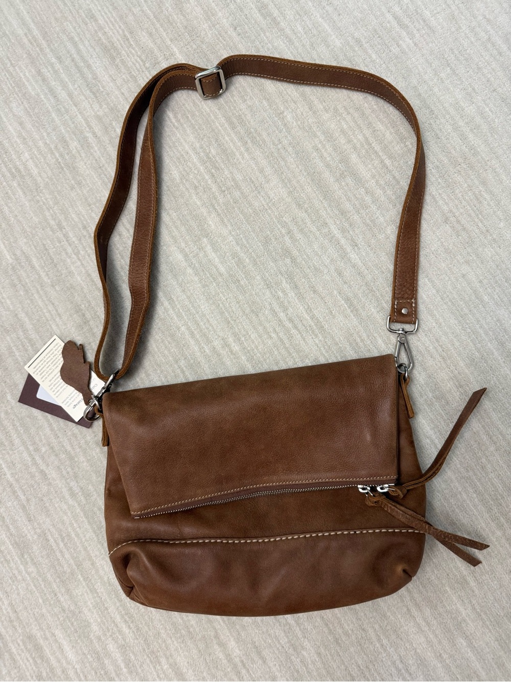 Roots Brown Leather Fold-Over Crossbody Bag